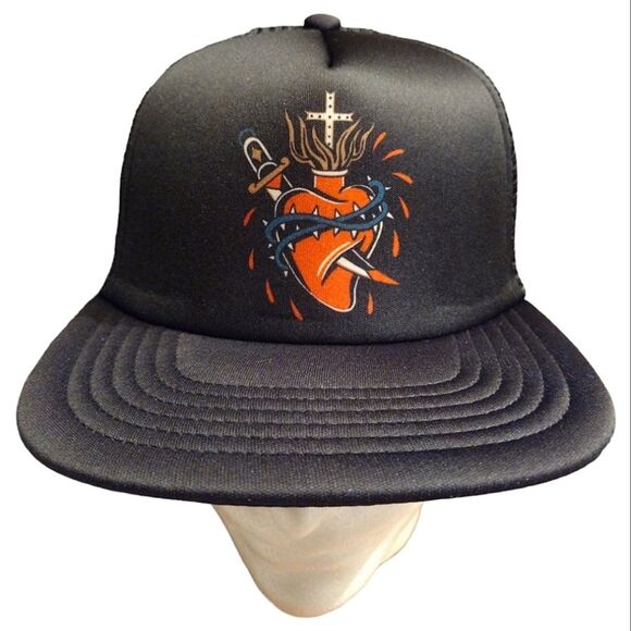 Queens Head Tattoo "Sacred Heart" Snapback Mesh Trucker Hat, Unisex, Black/Red - Picture 2 of 7